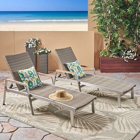 Gray Finish Great Deal Furniture 305554 Joy Outdoor Wicker and Aluminum Chaise Lounge