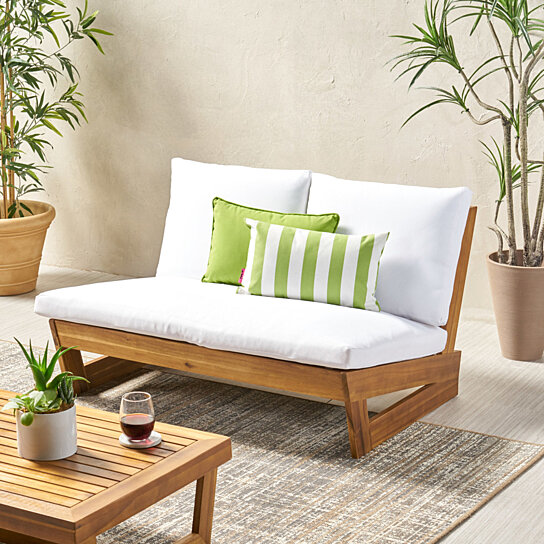 Buy Kaitlyn Outdoor Acacia Wood Loveseat with Cushions by GDFStudio on