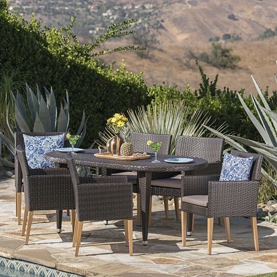 Buy Kaylan Outdoor 7 Piece Multi Brown Wicker Oval Dining Set With Wood