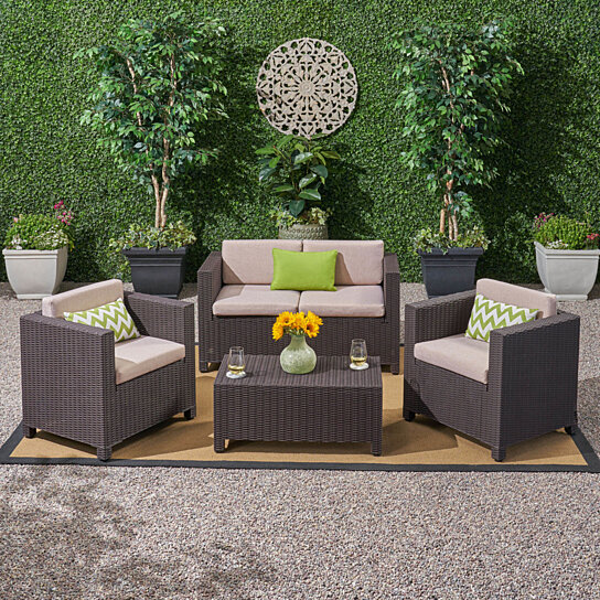 Buy Riley Outdoor All Weather Faux Wicker 4 Seater Chat Set With Cushions By Gdfstudio On Dot Bo