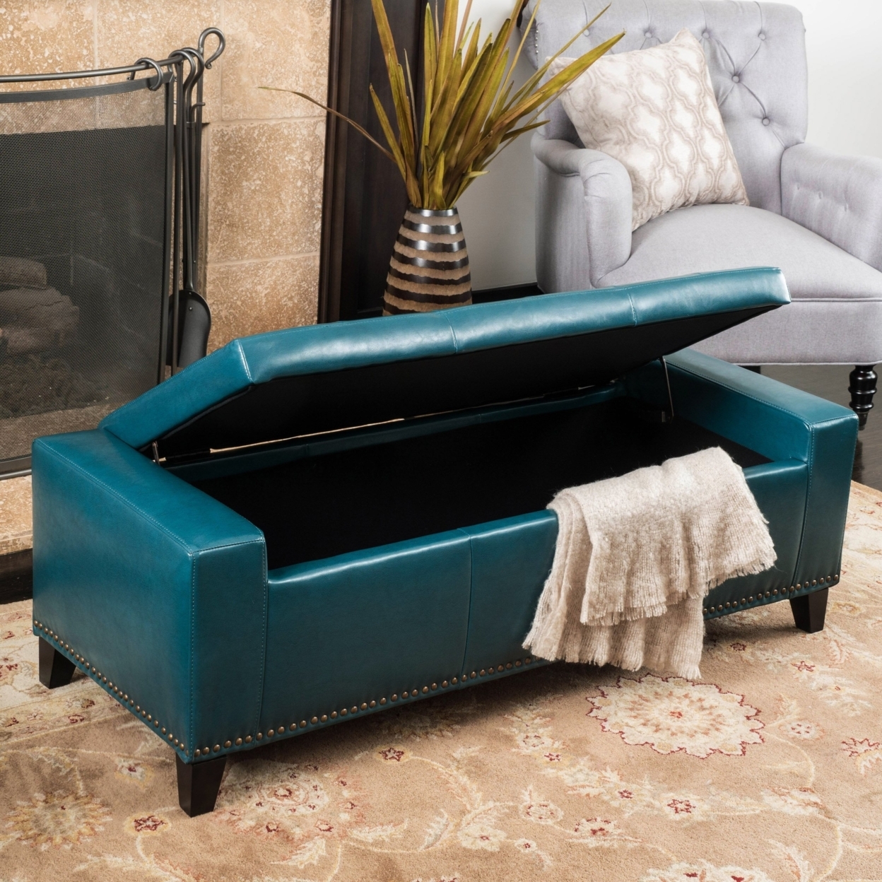 Buy Robin Studded Teal Leather Storage Ottoman Bench by GDFStudio on