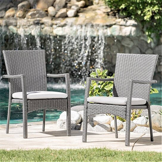 Buy Tigua Outdoor Grey Wicker Dining Chair With Cushions Set Of 2 By Gdfstudio On Dot Bo