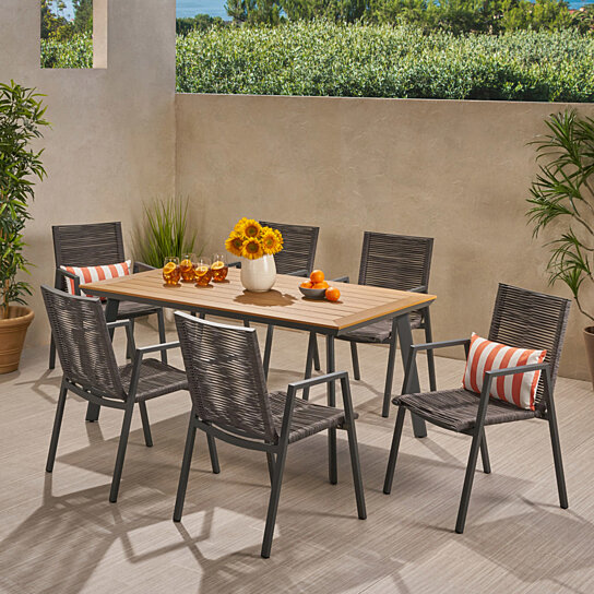 Buy Yolanda Outdoor Modern 6 Seater Aluminum Dining Set with Faux Wood