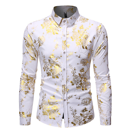 Mens Floral Shirts Gold Rose Printed Slim Fit Long Sleeve Dress Button Down Shirts 