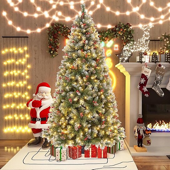 Gymax 8 ft. Artificial Christmas Tree Hinged Tree with Pine Cones