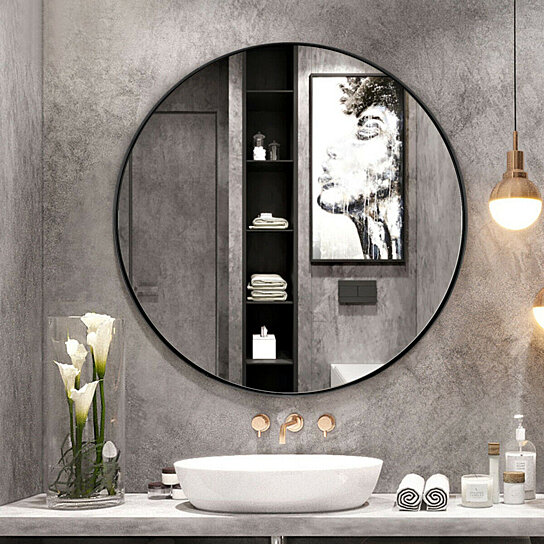 Buy 27.5'' Modern Metal Wall-Mounted Round Mirror for Bathroom Entryway ...