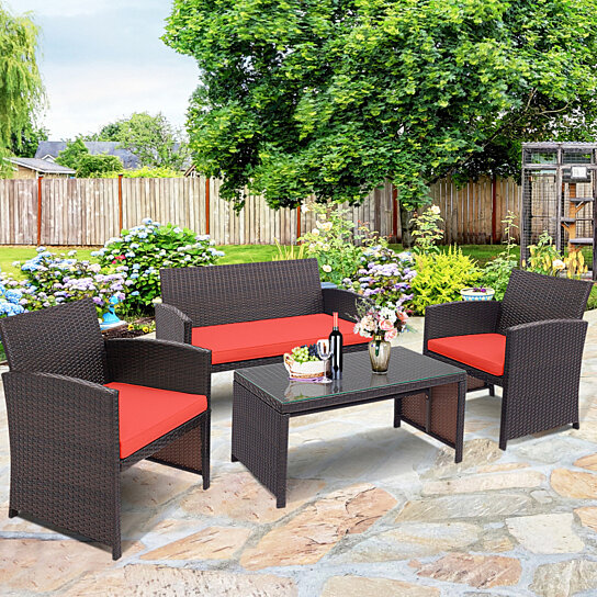 gymax 4pcs rattan patio conversation set cushioned outdoor furniture set