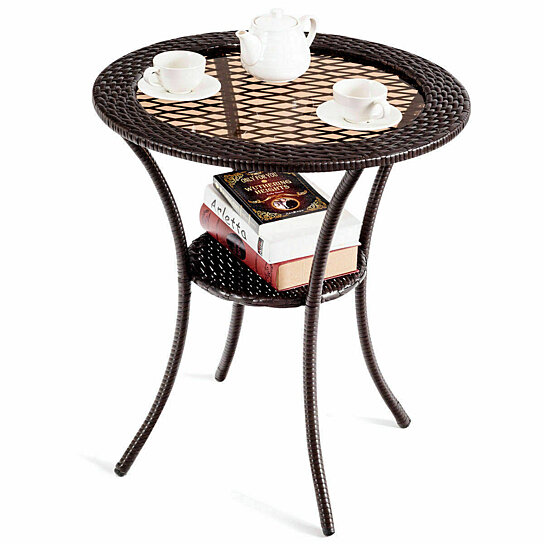 round wicker patio table with glass top