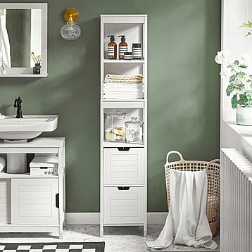 White Bath Storage Cabinet Tower with Shelves