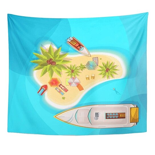 Buy Aqua Island Beach Top View With Blue Sea People On Loungers Under Parasols Boats Palm Trees Bike Wall Art Hanging Tapestry 51x60 Inch By Hedda Stan On Opensky