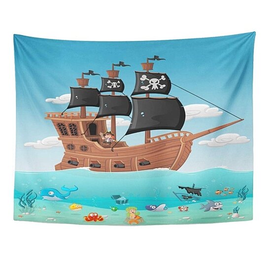 Tapestry Wall Hanging Beautiful Home Decoration Night Scene with Pirate Ship Octopus Suitable for Living Room Bedroom Wall Art 90 X 60 inch 