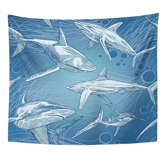 Buy Blue Nautical Shark Pattern With Underwater Sea Fish Contemporary And Abstract Aqua Wall Art Hanging Tapestry 60x80 Inch By Hedda Stan On Dot Bo