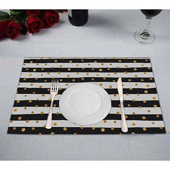 Buy Gold Dots White Black Stripes Kitchen Dining Table Mats Placemats Size 12x18 Inches Set Of 2 Pieces By Hedda Stan On Dot Bo