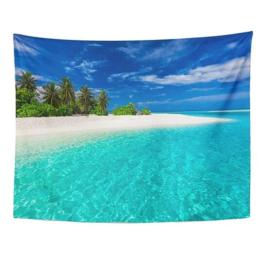 Polyester Fabric Bathroom Shower Curtain Set with Hooks Turquoise Green Ambesonne Ocean Decor Collection Image of a Sunny Day in a Tropical Island with Palm Trees and Ocean Heaven Calm Lands 