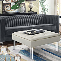 Iconic Home Pierre Square Ottoman Center Table Button Tufted PU Leather Upholstered Acrylic Legs Modern Transitional Aqua 