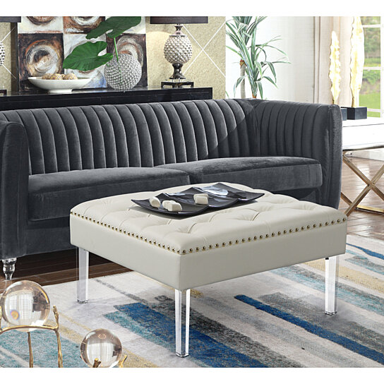 Iconic Home FON9181-AN Pierre Square Ottoman Center Table Button Tufted PU Leather Upholstered Acrylic Legs Modern Transitional Silver 