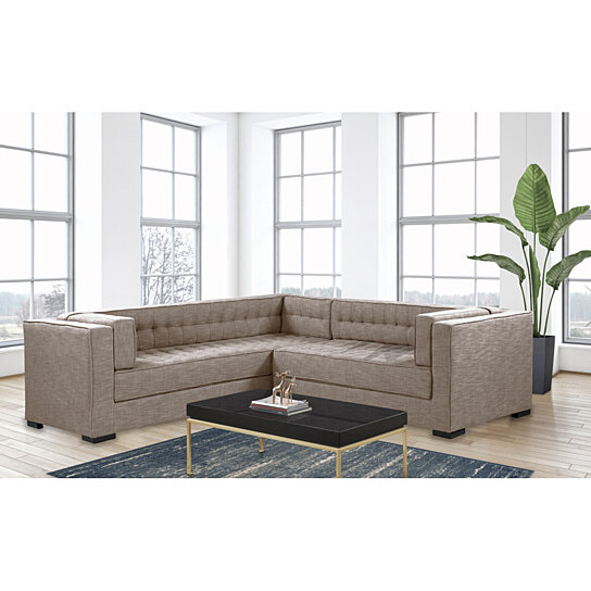 Moraine Right Facing Sectional Sofa L Shape Linen Textured Upholstered Tufted Shelter Arm Design Espresso Finished Wood Legs