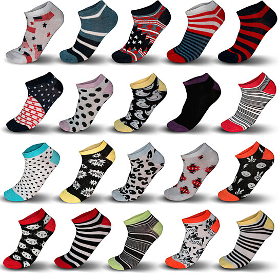 Women’s Printed Ankle Socks, Set of 20 Assorted Pairs