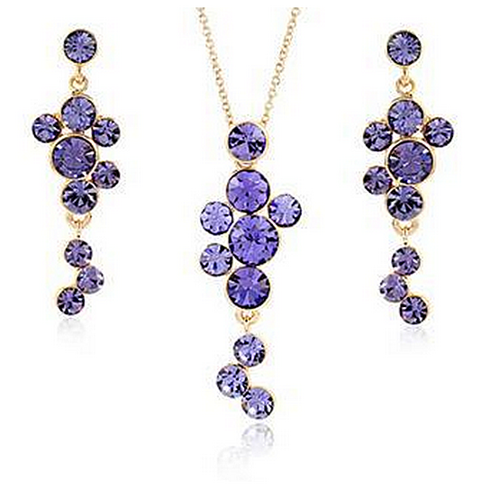 Cascading Purple  Crystals Necklace Earrings Set