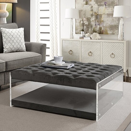 Inspired Home Morelli Velvet Modern Contemporary Oversized Button Tufted Clear Acrylic Sides Ottoman