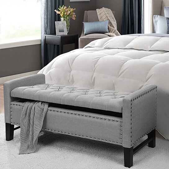 Buy Scarlett Linen Button Tufted Storage Bench Silver Nailhead Trim Upholstered Modern Functional By Inspired Home By Inspired Home On Dot Bo