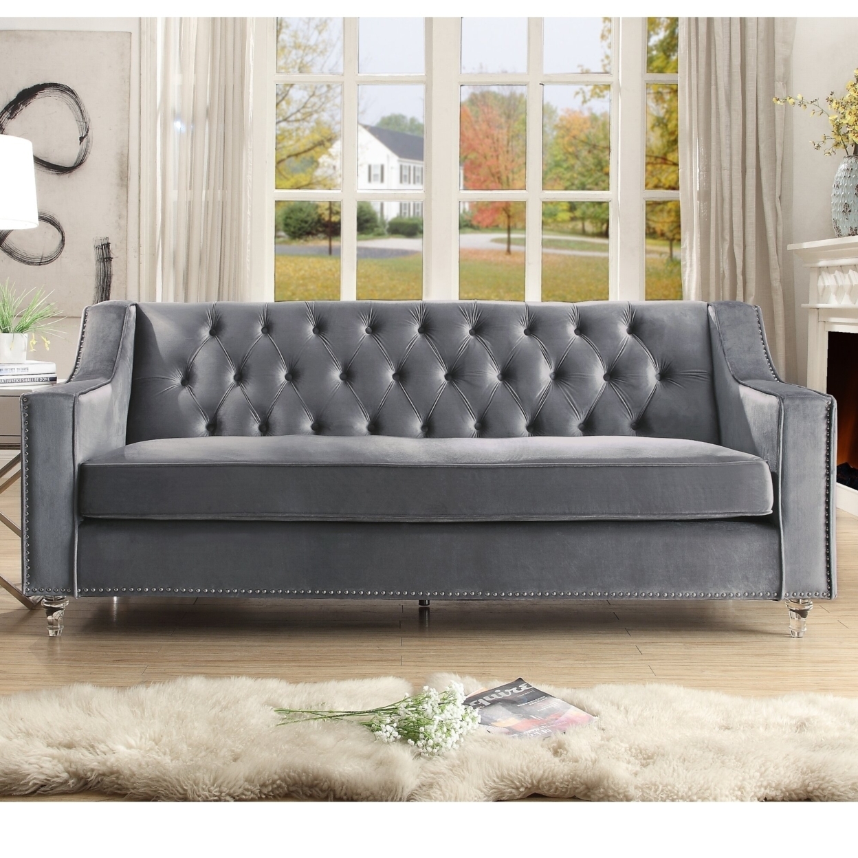 Buy Tegla Velvet Button Tufted SofaLucite Acrylic LegsModern