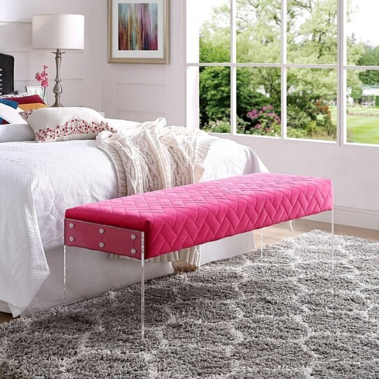 buy layla velvet upholstered bench - quilted | clear acrylic sides