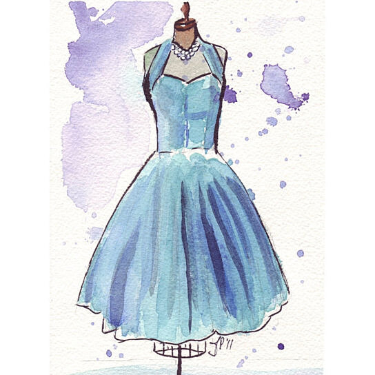 Buy Painting - Fashion Illustration - Vintage Blue Chiffon Party Dress Watercolor Art Print, 5x7 by Art by Jojo La Rue on OpenSky