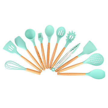 12PCS Kitchen Utensil Set - Silicone Cooking Utensils Wooden Handle With  Bucket