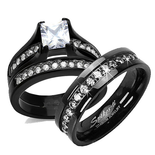 3 Piece His Hers Black Stainless Steel AAA CZ & Titanium Wedding Ring Band Set 