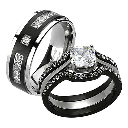 Buy His Her 4pc Black Silver Stainless Steel Titanium Wedding
