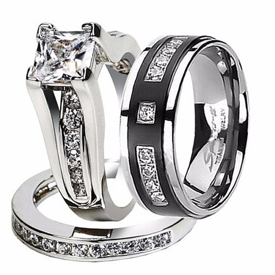 Buy Hers and His Stainless Steel Princess Wedding Ring Set and Titanium