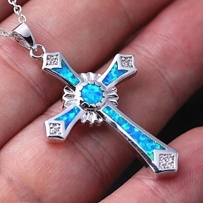 Blue Fire Opal Cross Necklace