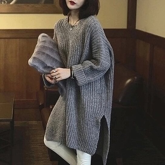 Buy Oversized Long Side Slit Gray Knit Sweater by myfashionshop on OpenSky