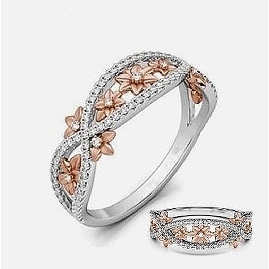 SALE :: Elegant Infinity Flower CZ Crystals Rosegold Silver Plated Ring