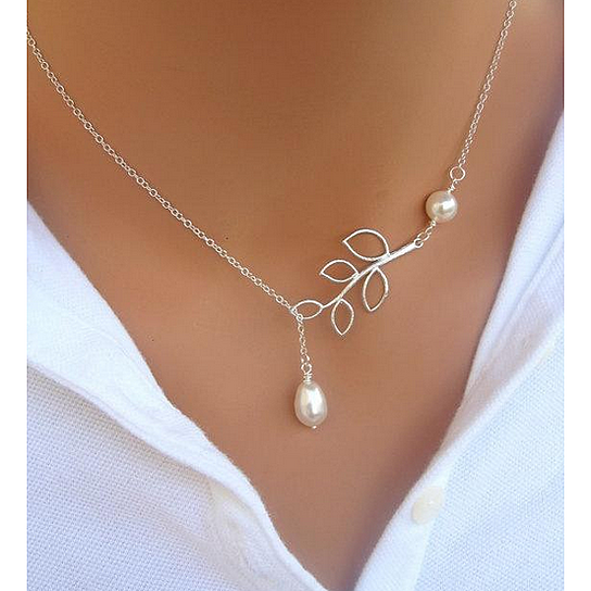 Gold Plated Freshwater Pearl & Leaf Lariat Necklace, Mult. Finishes