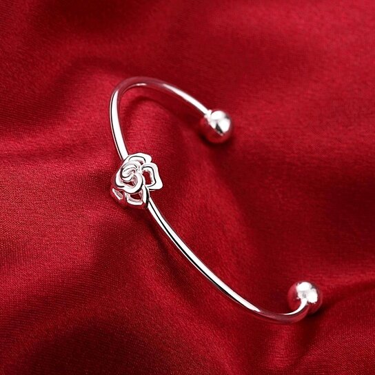 Simple Silver Plated Rose Flower Open-Cuff Bangle Bracelets