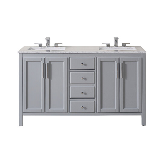 Wright 59 Inch Grey Double Sink Bathroom Vanity With Drains And Faucets In Chrome Matte Black