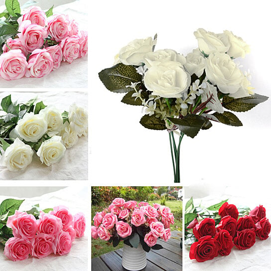 12 Head/ Bouquet Artificial Silk Roses Flower Wedding Party Bridal Home Decor 