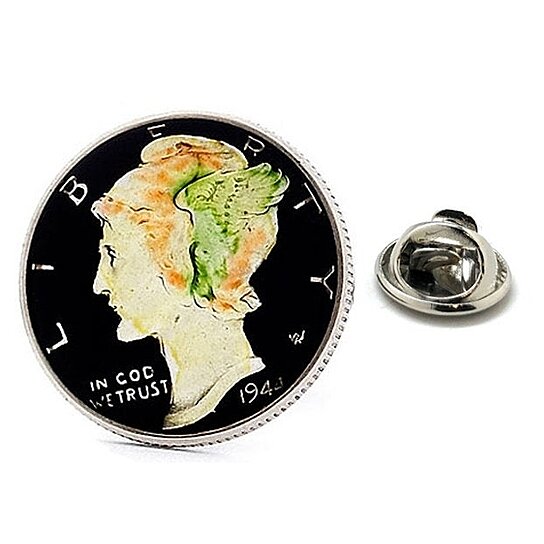 Williams and Clark Mens Executive Lapel Pin Hand Painted Mercury Dime Collector Lapel Pin Tie Tack Travel Enamel Coin War Years 