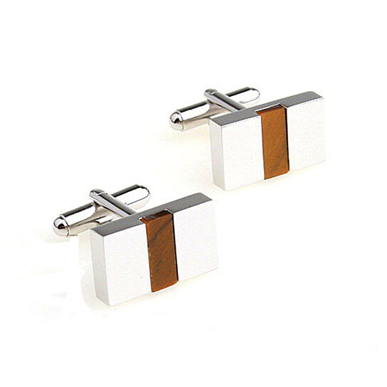 Stainless Steel Wood Inlay Rectangle Cuff Links 