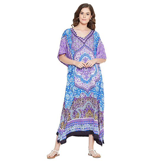 Sky Blue Women Polyester Floral Print Dress Boho Beach Cover Up Plus Size Lightweight Long Maxi Kaftan