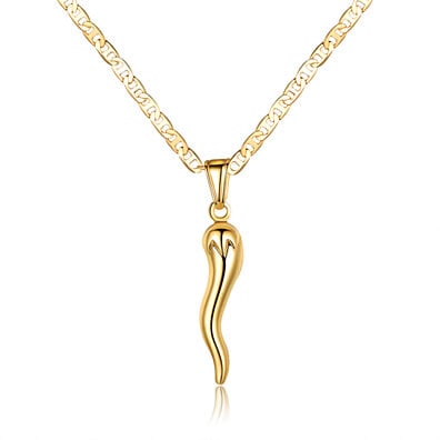18K Gold Layered Flat Marina 3mm Chain Necklace with Italian Horn Pepper Pendant