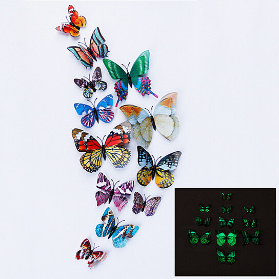 12Pcs New 3D Butterfly Glow in The Dark Decal Wall Magnetic Sticker Home Decor 