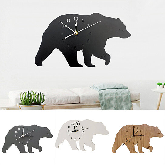 JQ_ Creative Polar Bear Wooden Mute Wall Clock Living Room Bedroom Home Decors 