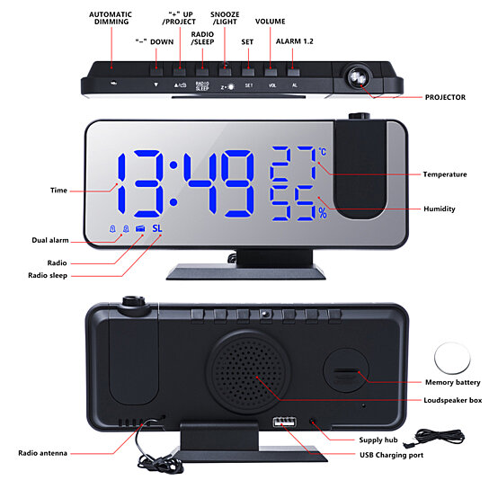 Buy Digital Clock Electronic Desktop Watch FM Radio Snooze Projector by Allian on & Bo
