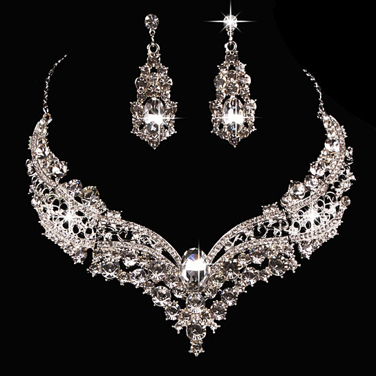 Wedding Bridal Queen Shiny Rhinestone Necklace Earrings Jewelry Set Dreamed 