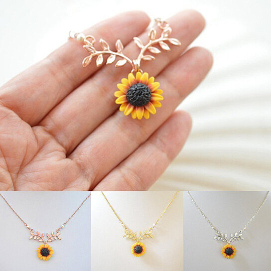 Lady Sunflower Pearl And Leaf Twig Pendant Necklace Dangle Chain Jewelry 