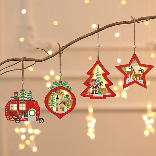 Wooden Christmas Tree Car Peach LED Light Lanyard Hanging Ornament Xmas Deco Details about   FE 