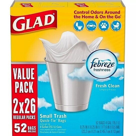 Glad Febreze Fresh Clean Small Trash Quick Tie Bags Value Pack, 52 ct -  Smith's Food and Drug